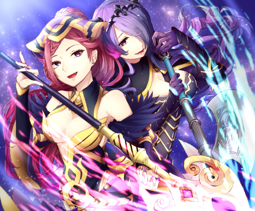 2girls :d axe bad_id bad_pixiv_id battle_axe black_cape braid breasts camilla_(fire_emblem) cape cleavage diadem fire_emblem fire_emblem_fates fire_emblem_heroes floating_hair hair_over_one_eye high_ponytail holding holding_polearm holding_weapon loki_(fire_emblem) long_hair medium_breasts multiple_girls open_mouth polearm purple_eyes purple_hair red_hair smile standing tida_2112 very_long_hair weapon