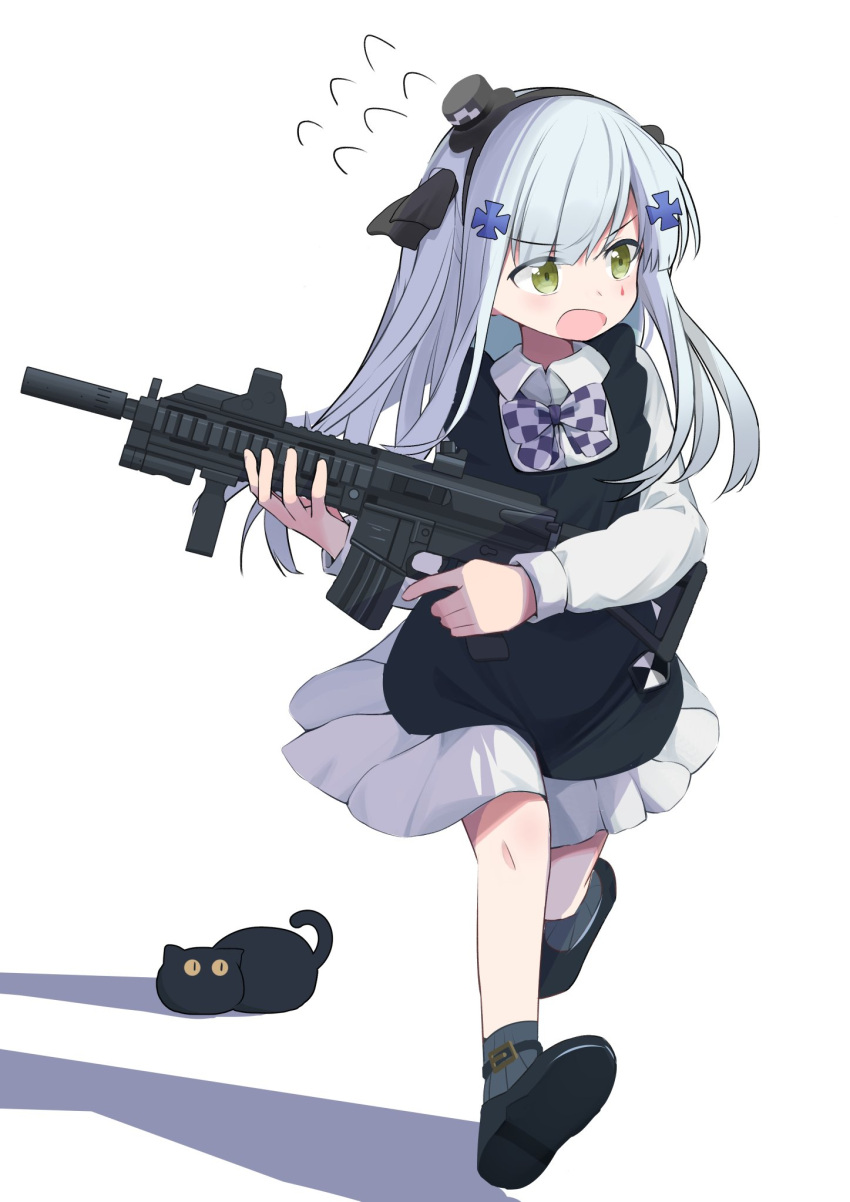 aged_down assault_rifle blue_hair bow bowtie checkered_bow checkered_bowtie checkered_clothes commentary_request feline female full_body girls'_frontline green_eyes gun h&k_hk416 hair_ornament hat heckler_&_koch highres hk416_(black_kitty's_gift)_(girls'_frontline) hk416_(girls'_frontline) holding holding_gun holding_weapon long_hair long_sleeves looking_away ma40414 mini_hat official_alternate_costume open_mouth rifle running simple_background weapon white_background