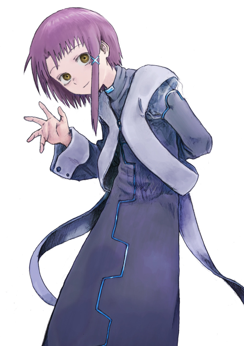 absurdres closed_mouth hair_ornament head_tilt highres iwakura_lain long_sleeves looking_at_viewer purple_hair see-through see-through_sleeves serial_experiments_lain short_hair smile waving white_background x_hair_ornament yasu_(shijimi_8) yellow_eyes