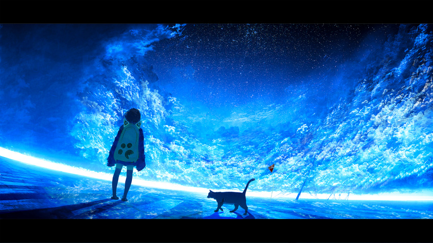 animal_ears backpack bag black_cat black_hair blue_sky blue_theme cable cat_ears cat_paw chocoshi cloud cloudy_sky commentary dutch_angle facing_away feline female from_behind full_body highres hood hoodie horizon legs_apart letterboxed light light_particles neon_trim night night_sky original oversized_clothes painttool_sai_(medium) perspective pleated_skirt reflective_floor road road_sign scenery science_fiction shadow short_hair sign skirt sky sky_focus sleeves_past_fingers sleeves_past_wrists solo standing star_(sky) starry_sky stop_sign thighhighs utility_pole walking zettai_ryouiki