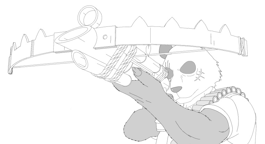 aiming bamboo bamboo_object bamboo_stick bear beastars black_and_white black_body black_fur bow_ribbon bullet clawed_fingers claws clipped crossbow eye_scar facial_scar fur giant_panda gouhin_(beastars) hand_holding hi_res humanoid male mammal monochrome multicolored_body multicolored_fur muscular muscular_male nails ranged_weapon rope scar scared simple_background solo weapon white_background white_body white_fur xdzy111