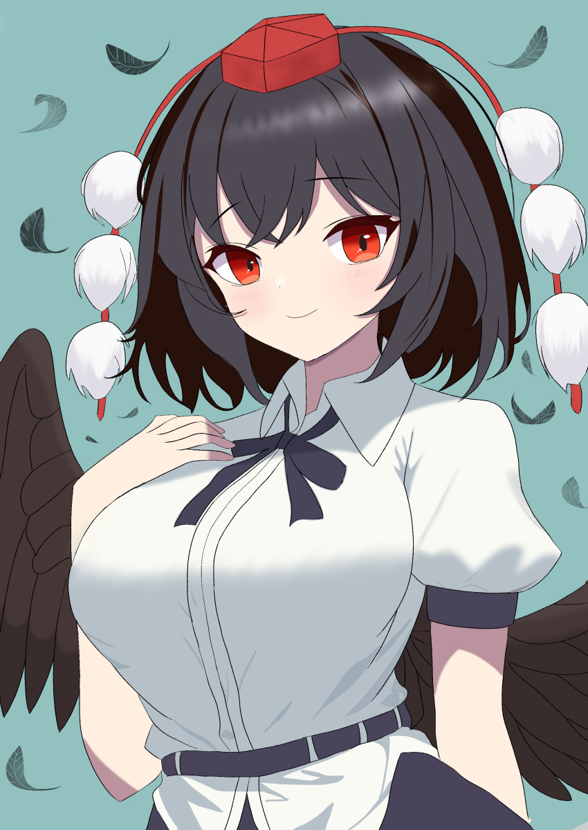 absurdres bird_wings black_wings breasts closed_mouth collared_shirt commentary_request feathered_wings female grey_background hat highres large_breasts looking_at_viewer nara_(gsx250r_anzio) pom_pom_(clothes) red_eyes red_hat shameimaru_aya shirt short_sleeves simple_background smile solo tokin_hat touhou upper_body white_shirt wings