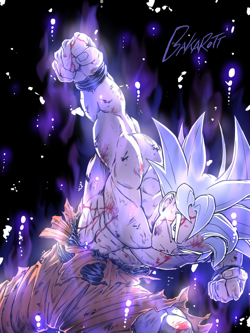 1boy abs absurdres arm_at_side artist_name aura bakarott blood blood_from_mouth blood_on_face blood_on_hands clenched_hand closed_mouth commentary_request dark_background darkness dirty dirty_clothes dirty_face dragon_ball dragon_ball_super feet_out_of_frame fighting_stance fingernails glowing grey_eyes highres legs_apart light_particles looking_at_viewer male_focus muscular muscular_male orange_pants outstretched_hand pants purple_theme serious simple_background solo son_goku spiked_hair topless_male torn_clothes torn_pants ultra_instinct white_hair wristband