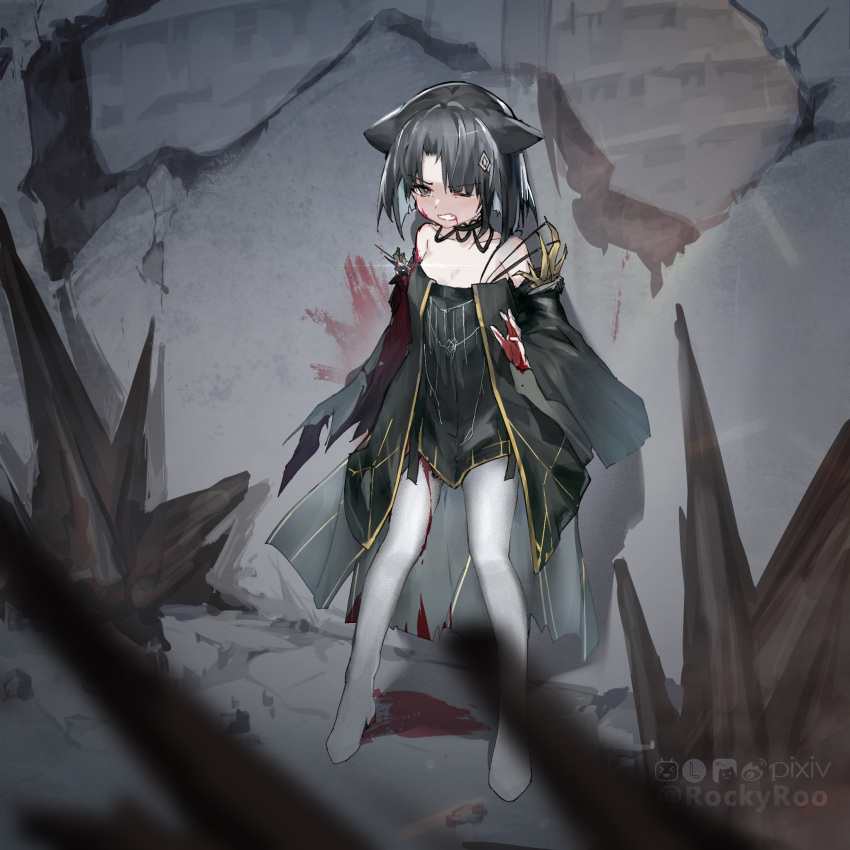 animal_ear_fluff animal_ears arknights bare_shoulders black_dress black_hair blood blood_drip blood_from_mouth blood_on_face blurry blurry_background clenched_teeth commentary_request depth_of_field dress female grey_eyes highres long_sleeves mandragora_(arknights) one_eye_closed pantyhose parted_bangs rockyroo solo standing strapless strapless_dress tears teeth v-shaped_eyebrows white_pantyhose wide_sleeves