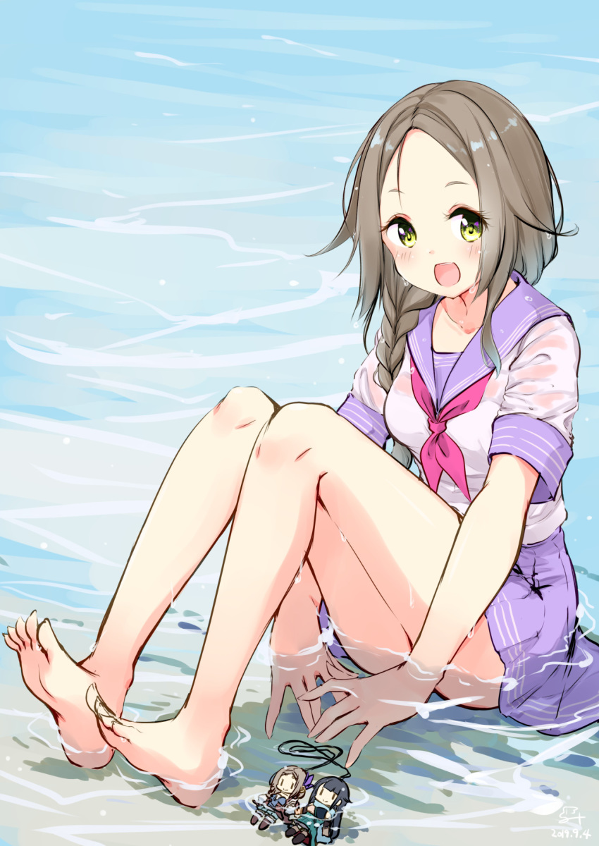 :d atelier_(series) atelier_firis bad_id bad_pixiv_id bare_legs barefoot black_hair blush braid breasts brown_hair closed_mouth commentary_request convenient_arm feet female firis_mistlud full_body green_eyes highres liane_mistlud long_hair medium_breasts minidraco neckerchief open_mouth parted_bangs purple_skirt school_uniform serafuku shirt short_sleeves sitting skirt smile soles solo toes water wet wet_clothes white_shirt |_|