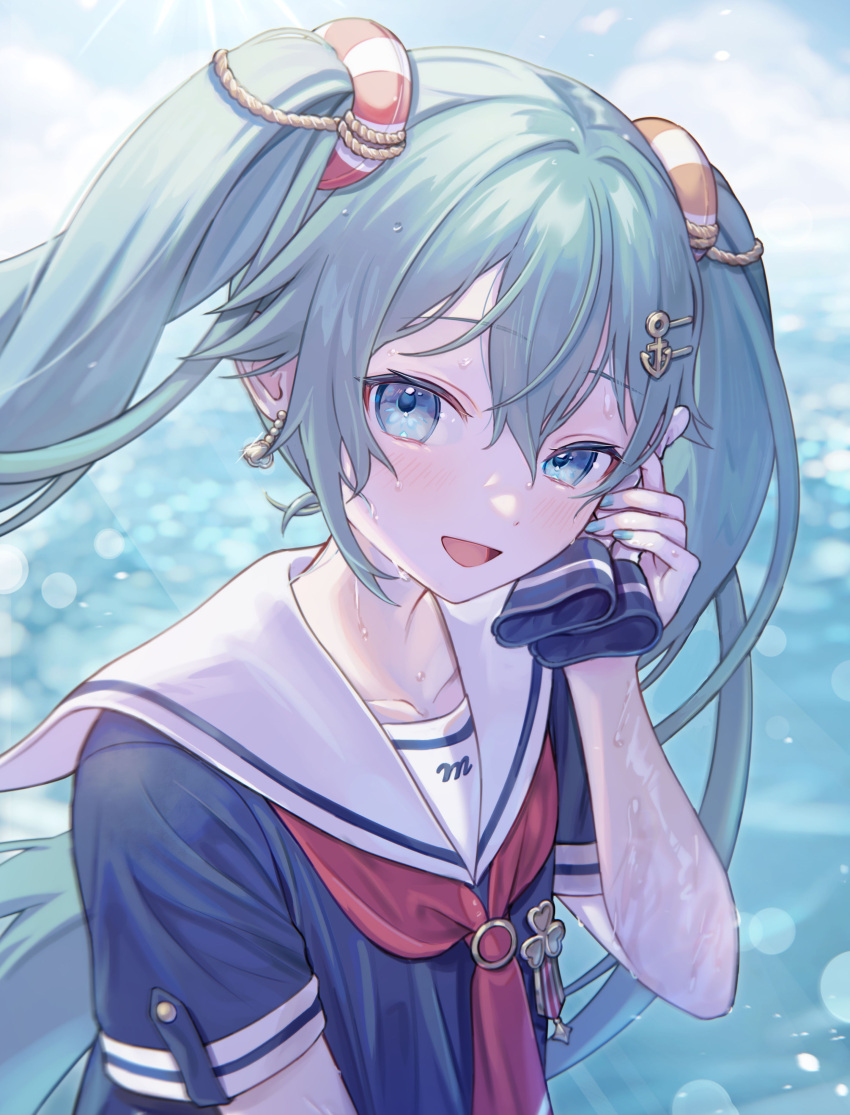 :d absurdres anchor_hair_ornament aqua_eyes aqua_hair aqua_nails blue_shirt blush collarbone commentary day earrings female from_side funade_no_mae_no_one_day_trip_(project_sekai) gloves hair_between_eyes hair_ornament hand_up hatsune_miku highres jewelry lens_flare lifebuoy_hair_ornament long_hair looking_at_viewer medal more_more_jump!_miku nail_polish neckerchief ocean official_alternate_costume open_mouth outdoors project_sekai red_neckerchief sailor_collar school_uniform serafuku shirt short_sleeves sidelocks smile solo sweat twintails unworn_gloves upper_body vocaloid vs0mr white_sailor_collar wiping_face