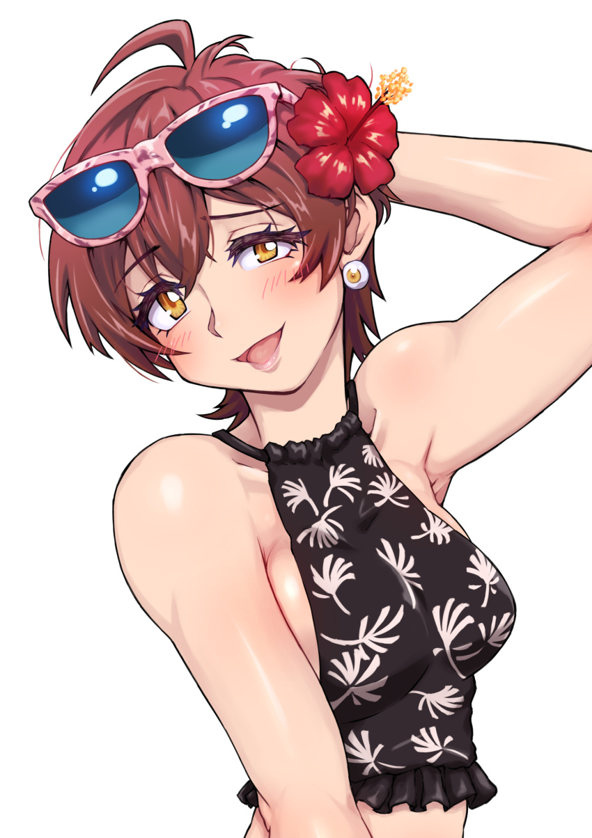 absurdres ahoge arm_behind_head bare_shoulders bikini bikini_top_only black_bikini blush breasts brown_hair collarbone commentary_request earrings eyewear_on_head female floral_print flower gridman_universe hair_flower hair_ornament highres hori_shin jewelry looking_at_viewer mature_female medium_breasts short_hair simple_background smile solo ssss.gridman sunglasses swimsuit takarada_orie upper_body yellow_eyes