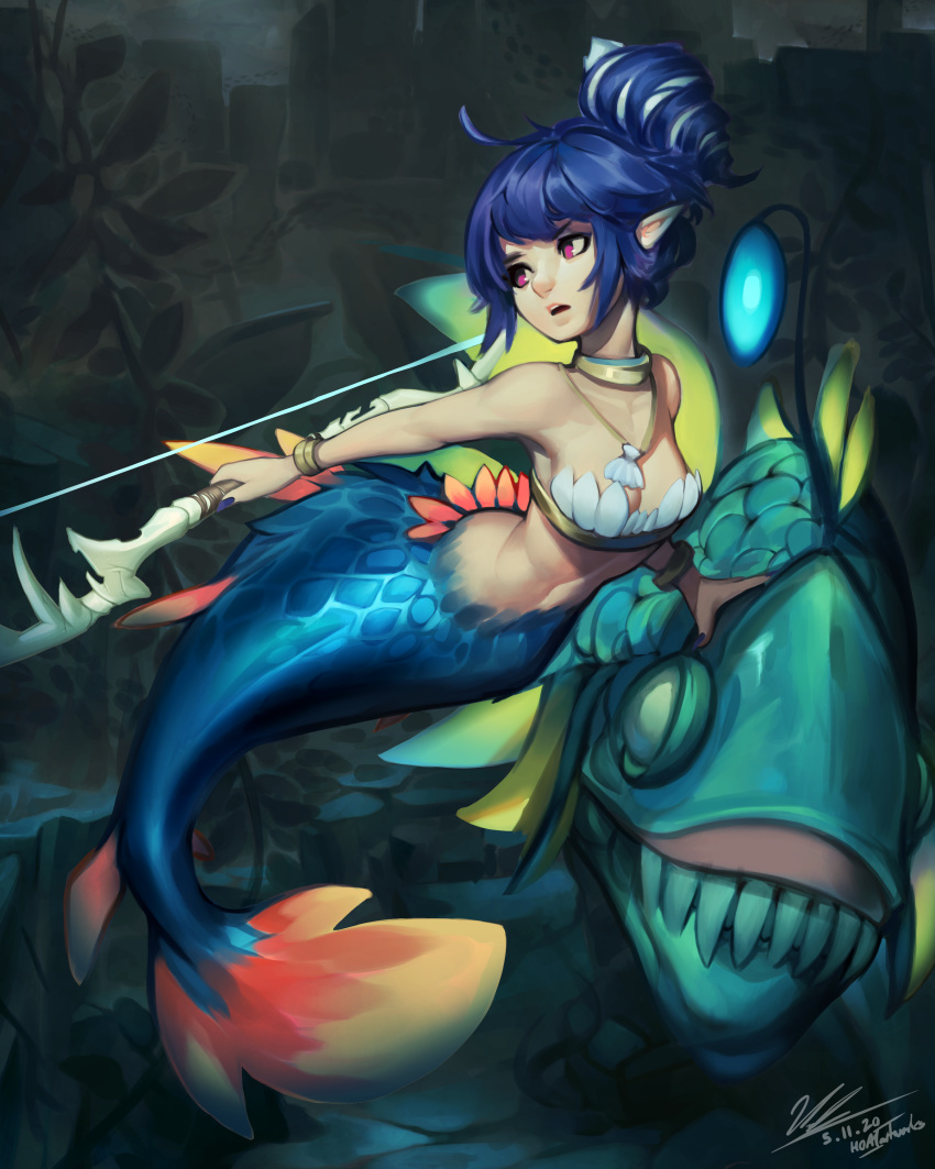 absurdres ahoge anglerfish armpits bare_arms bare_shoulders blank_eyes blue_hair blue_nails bow_(weapon) bra bracelet breasts cleavage collarbone commentary dark dated deviantart_username english_commentary female fingernails fins fish full_body gold_bracelet gorget hand_on_another's_head highres hoai_vu holding holding_bow_(weapon) holding_weapon illicium jewelry kelp long_fingernails looking_to_the_side medibang_paint_(medium) mermaid monster_girl navel necklace no_pupils original outstretched_arm pink_eyes pink_lips pointy_ears scales sharp_teeth shell shell_bikini shell_hair_ornament shell_necklace sideboob sidelocks signature strapless strapless_bra submerged teeth toned underwater underwear upper_teeth_only v-shaped_eyebrows weapon white_bra