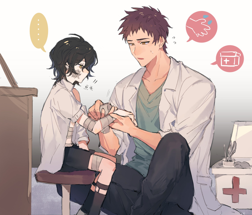 ... 2boys bandages black_hair black_legwear black_pants black_shorts brown_eyes brown_hair chair doctor first_aid_kit green_shirt highres indoors kneehighs lab_coat lolicon male_focus multiple_boys murase_takuma nocolour pants scissors shirt shorts slow_damage socks speech_bubble spoken_hand sweatdrop towa_(slow_damage)