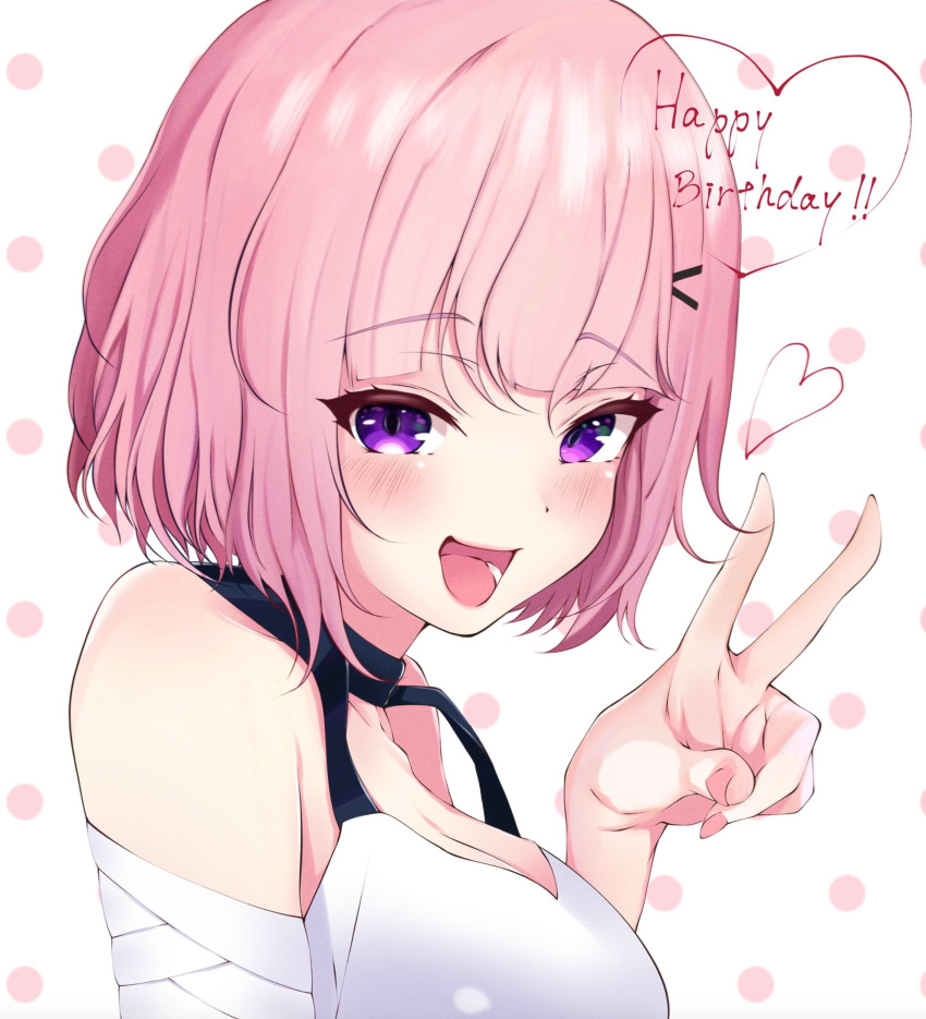 :d absurdres bandaged_arm bandages bare_shoulders blush breasts busou_kanojo female fujisaki_touka hair_ornament hairclip happy_birthday heart highres kazanock large_breasts looking_at_viewer open_mouth pink_hair purple_eyes short_hair smile solo upper_body v virtual_youtuber