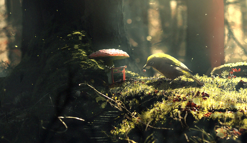 bad_id bad_pixiv_id bird blurry bokeh commentary_request day depth_of_field eating forest japanese_white-eye moss mushroom nature no_humans original outdoors scenery shizui_fen sunlight torii tree