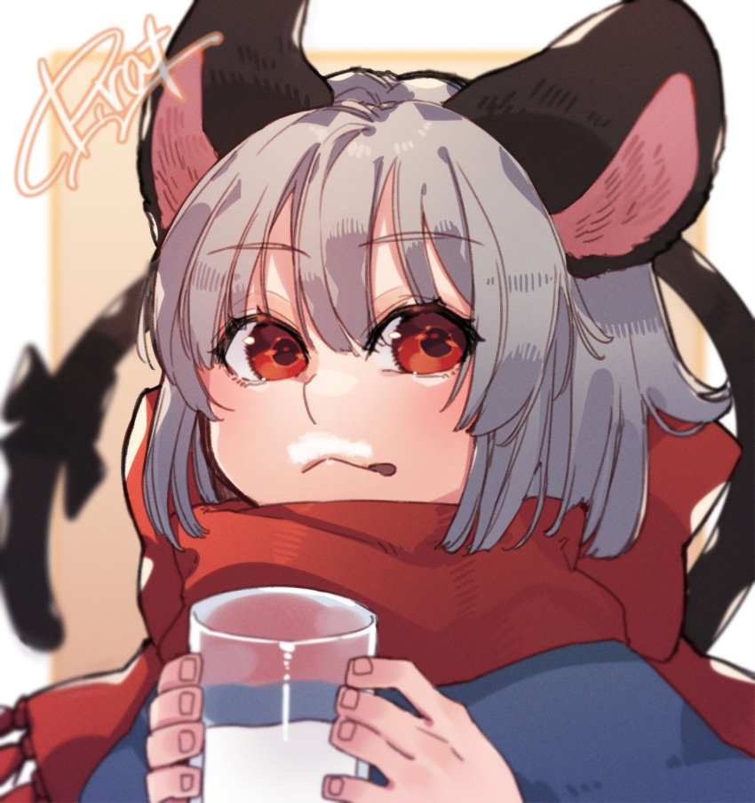 :q animal_ears black_bow bow capelet commentary_request cup drinking_glass female grey_hair highres holding holding_cup looking_at_viewer milk milk_mustache mouse_ears mouse_tail nazrin one-hour_drawing_challenge prat_rat red_eyes red_scarf scarf scarf_bow short_hair signature solo tail tail_bow tail_ornament tongue tongue_out touhou upper_body yellow_background