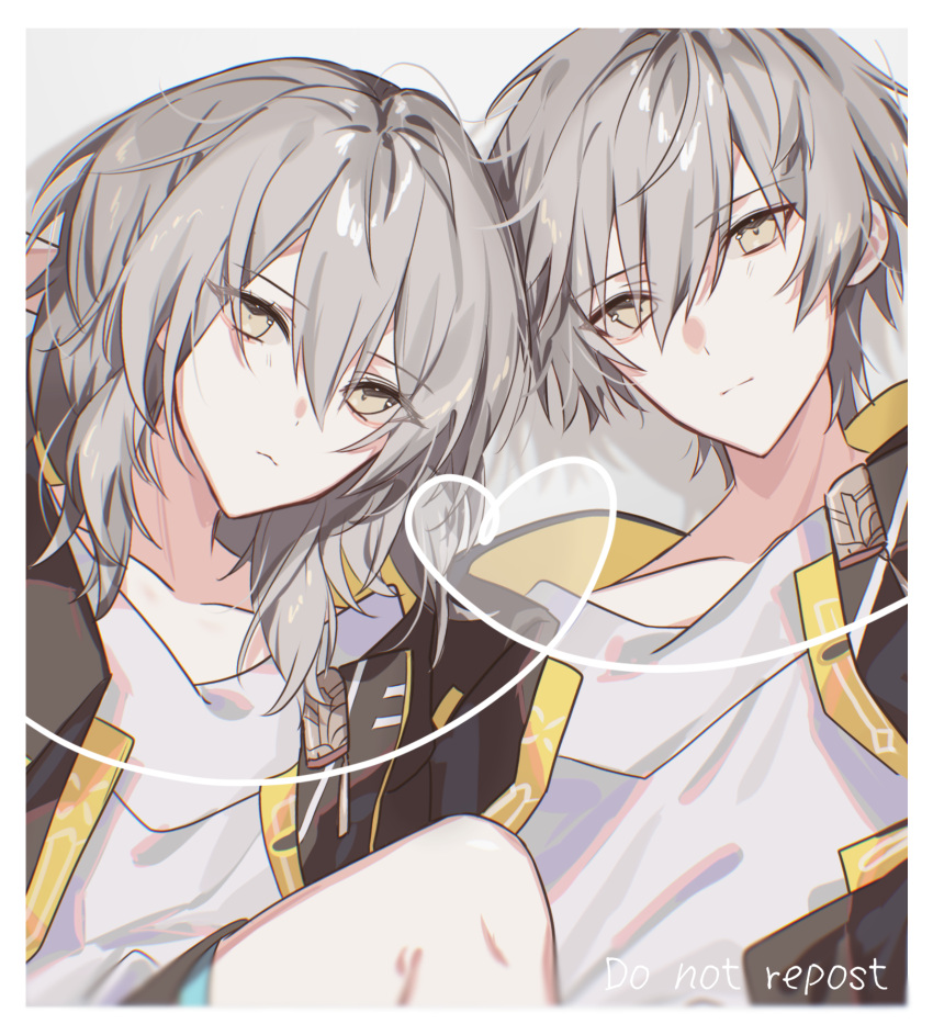 1boy :| border brown_jacket caelus_(honkai:_star_rail) closed_mouth collarbone expressionless female grey_eyes grey_hair grey_shirt hair_between_eyes heart heart_of_string highres honkai:_star_rail honkai_(series) hood hood_down jacket karamaru626 knee_up looking_at_viewer open_clothes open_jacket shirt short_hair stelle_(honkai:_star_rail) trailblazer_(honkai:_star_rail) upper_body watermark white_border