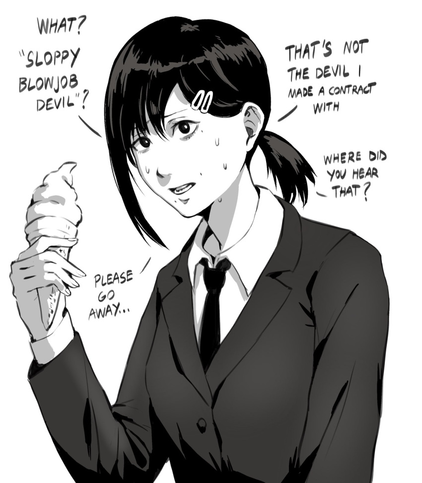 black_jacket black_necktie chainsaw_man collared_shirt confused english_text female food formal francisco_mon greyscale hair_ornament hairclip higashiyama_kobeni highres holding holding_food holding_ice_cream ice_cream jacket looking_at_viewer meme monochrome necktie open_mouth shirt short_hair short_ponytail simple_background single_sidelock sloppy_blowjob_devil_(meme) solo suit sweat white_background