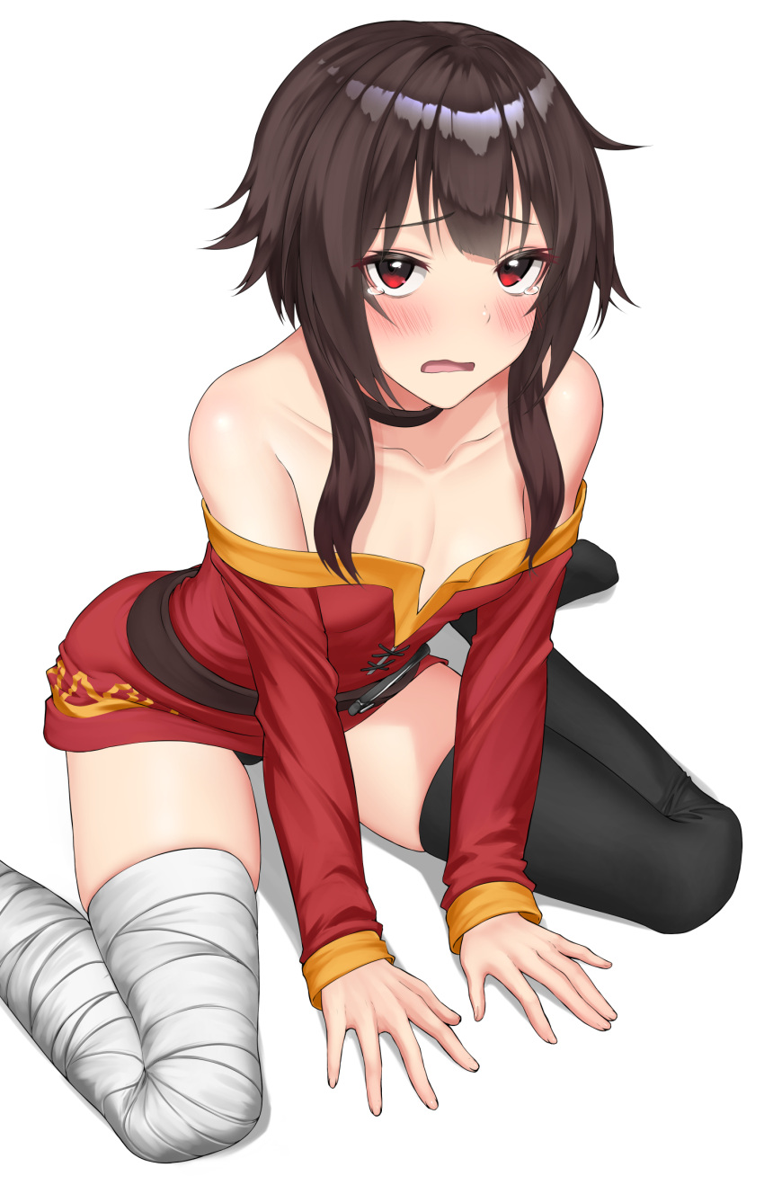 bandaged_leg bandages bare_shoulders black_hair black_panties black_thighhighs blush breasts cameltoe collar commentary dress female highres karasu_(jjwh2832) kono_subarashii_sekai_ni_shukufuku_wo! long_sleeves looking_at_viewer megumin panties red_dress red_eyes short_hair_with_long_locks simple_background single_thighhigh sitting small_breasts solo tearing_up thighhighs underwear white_background