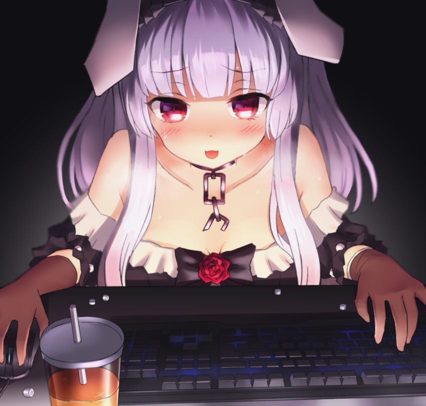 animal_ears at_computer blush breasts brown_gloves chains cleavage collar collarbone commentary computer_keyboard computer_mouse cup dark drinking_straw female frills gloves highres medium_breasts neit_ni_sei nijisanji open_mouth rabbit_ears rabbit_girl red_eyes smile solo sweat tsukimi_shizuku virtual_youtuber