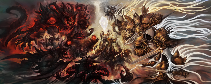 3girls 6+boys absurdres andariel angel angel_wings armor auriel azmodan_(diablo) baal_(diablo) battle belial_(diablo_3) character_request demon demon_horns demon_tail demon_wings diablo diablo_(character) diablo_(series) diablo_2 diablo_3 duriel energy_wings faceless faceless_hood full_armor halo helmet highres holding holding_polearm holding_sword holding_weapon hood horns imperius inarius_(diablo) itherael knight lilith_(diablo) malthael mephisto_(diablo) multiple_boys multiple_girls open_mouth photoshop_(medium) polearm shizi_(10z) sickle spear sword tail tyrael weapon wings