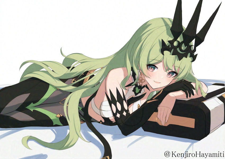 bare_shoulders black_gloves black_pants breasts commentary_request elbow_gloves female gloves green_hair hair_between_eyes headpiece highres honkai_(series) honkai_impact_3rd kenjirohayamiti long_hair looking_at_viewer medium_breasts mobius_(honkai_impact) pants parted_lips red_eyes simple_background single_elbow_glove smile solo twitter_username white_background