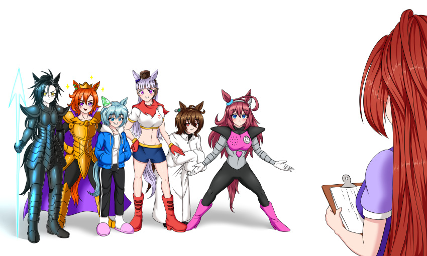 6+girls absurdres agnes_tachyon_(umamusume) ahoge air_shakur_(umamusume) alphys alphys_(cosplay) animal_ears annotated aqua_hair armor asgore_dreemurr asgore_dreemurr_(cosplay) blue_eyes blue_jacket blue_shorts boots brown_hair clipboard collarbone commentary cosplay crown daiwa_scarlet_(umamusume) ear_covers ear_piercing eyebrow_piercing faulds fur_trim gauntlets gloves gold_ship_(umamusume) greaves grey_hair headgear highres hood hooded_jacket horse_ears horse_girl horse_tail jacket knee_boots krakelak lab_coat long_hair mettaton mettaton_(cosplay) mettaton_ex mihono_bourbon_(umamusume) multiple_girls orange_hair papyrus_(undertale) papyrus_(undertale)_(cosplay) pauldrons piercing pillbox_hat pink_footwear plate_armor pose purple_eyes purple_shirt red_footwear red_gloves sailor_collar sailor_shirt sans_(undertale) sans_(undertale)_(cosplay) school_uniform seiun_sky_(umamusume) shirt short_sleeves shorts shoulder_armor single_ear_cover sleeves_past_fingers sleeves_past_wrists slippers t.m._opera_o_(umamusume) tail tracen_school_uniform trait_connection umamusume undertale undyne undyne_(cosplay) yellow_eyes