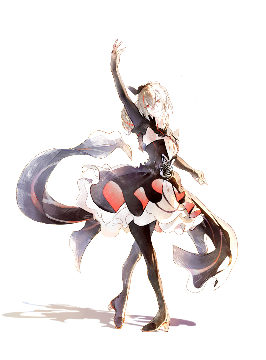 absurdres black_dress black_footwear black_gloves boots bronya_zaychik bronya_zaychik_(black_nucleus) chinese_commentary closed_mouth commentary dress drill_hair elbow_gloves female full_body gloves grey_eyes grey_hair hair_between_eyes highres honkai_(series) honkai_impact_3rd long_hair multicolored_hair nnikko red_eyes shadow simple_background sleeveless sleeveless_dress smile solo standing streaked_hair thigh_boots thighhighs white_background