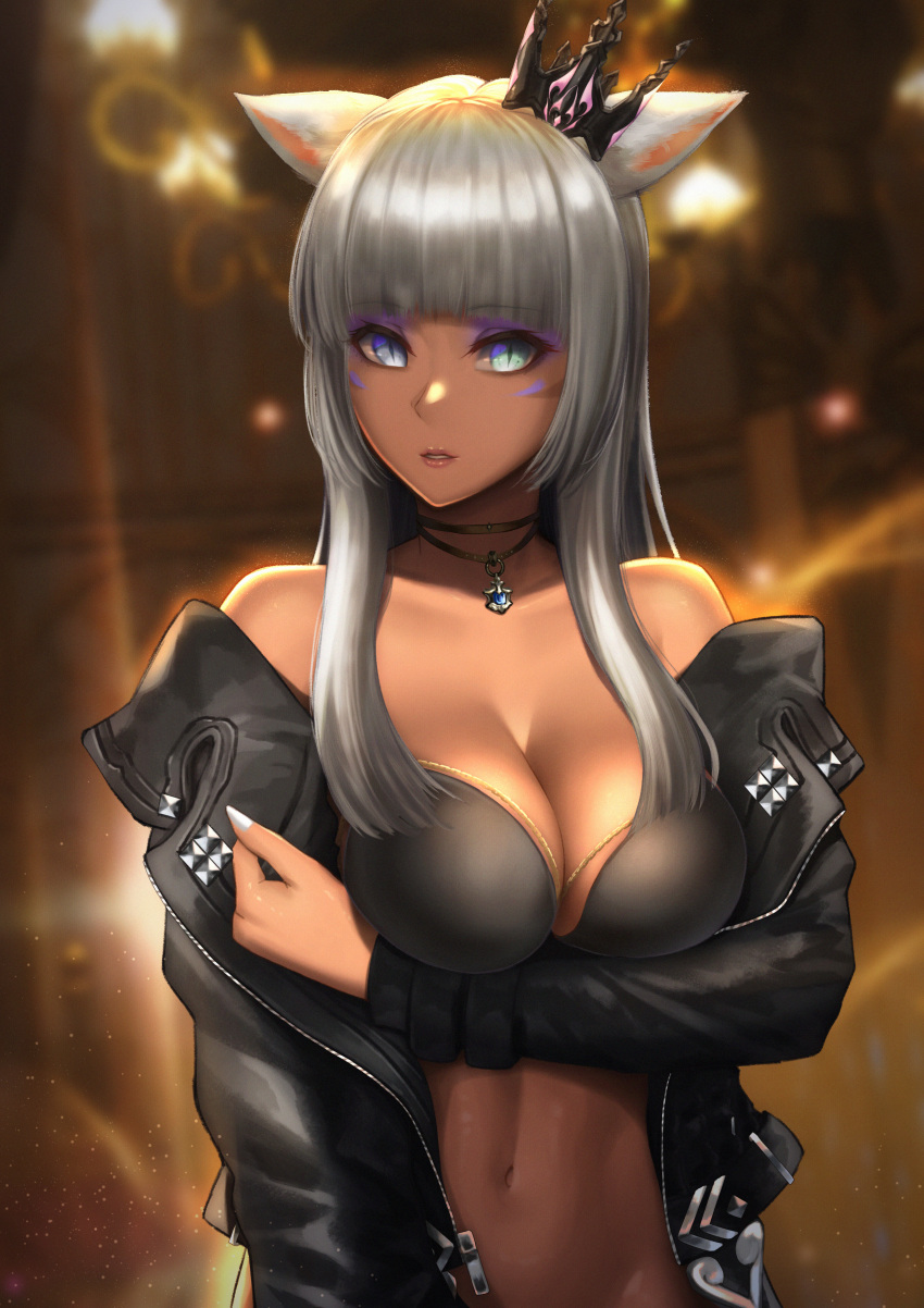 absurdres animal_ears arm_under_breasts bikini blue_eyes blurry blurry_background breasts cat_ears choker cleavage commentary commission crown dark-skinned_female dark_skin eyeshadow facial_mark female final_fantasy final_fantasy_xiv grey_hair heterochromia highres jacket large_breasts long_hair makeup mini_crown miqo'te off_shoulder open_clothes open_jacket pixiv_commission solo swimsuit upper_body warrior_of_light_(ff14) zeri_(zeristudio)