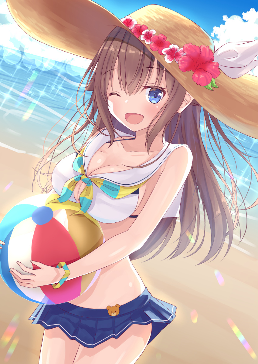 absurdres ball beach beachball blue_eyes blush breasts brown_hair cleavage commentary female flower hair_flaps hat highres hololive kugatsu_tooka large_breasts long_hair ocean official_alternate_costume one_eye_closed outdoors purple_eyes sky solo sparkle straight_hair straw_hat swimsuit tokino_sora tokino_sora_(hololive_summer_2019) virtual_youtuber