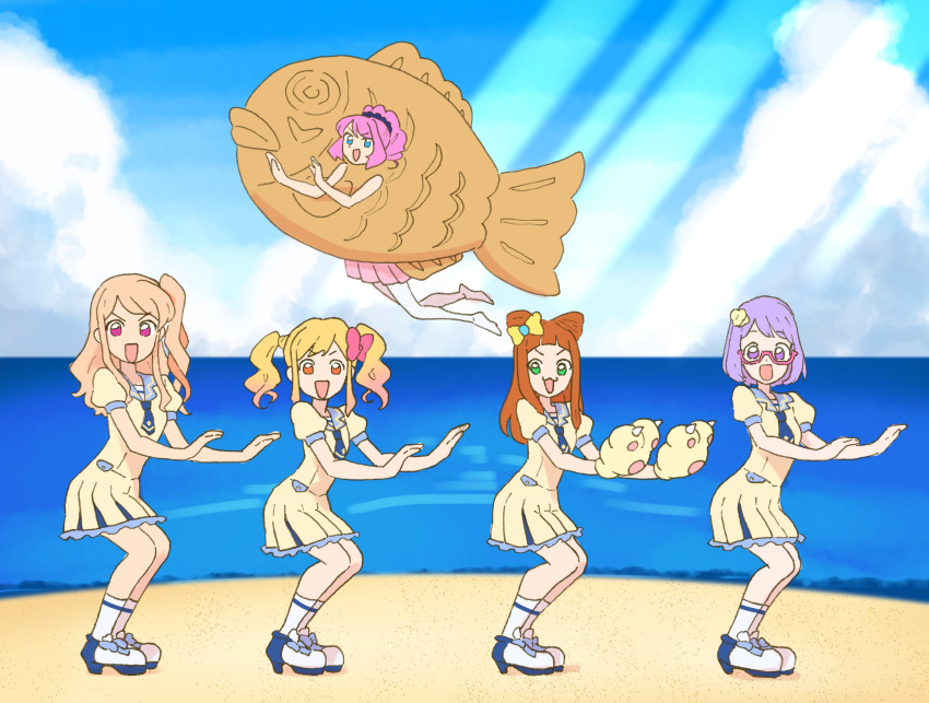 5girls aikatsu!_(series) aikatsu_stars! animal_hands blonde_hair blue_eyes brown_hair commentary dancing food glasses gloves gradient_hair highres jewelry kasumi_mahiru kumahubuki long_hair looking_at_viewer multicolored_hair multiple_girls name_connection nanakura_koharu nijino_yume open_mouth outdoors parody paw_gloves pink_hair ponytail precure purple_hair red-framed_eyewear sakuraba_rola saotome_ako school_uniform smile symbol-only_commentary taiyaki tropical-rouge!_precure uniform viva!_spark!_tropical-rouge!_precure wagashi water yotsuboshi_academy_school_uniform