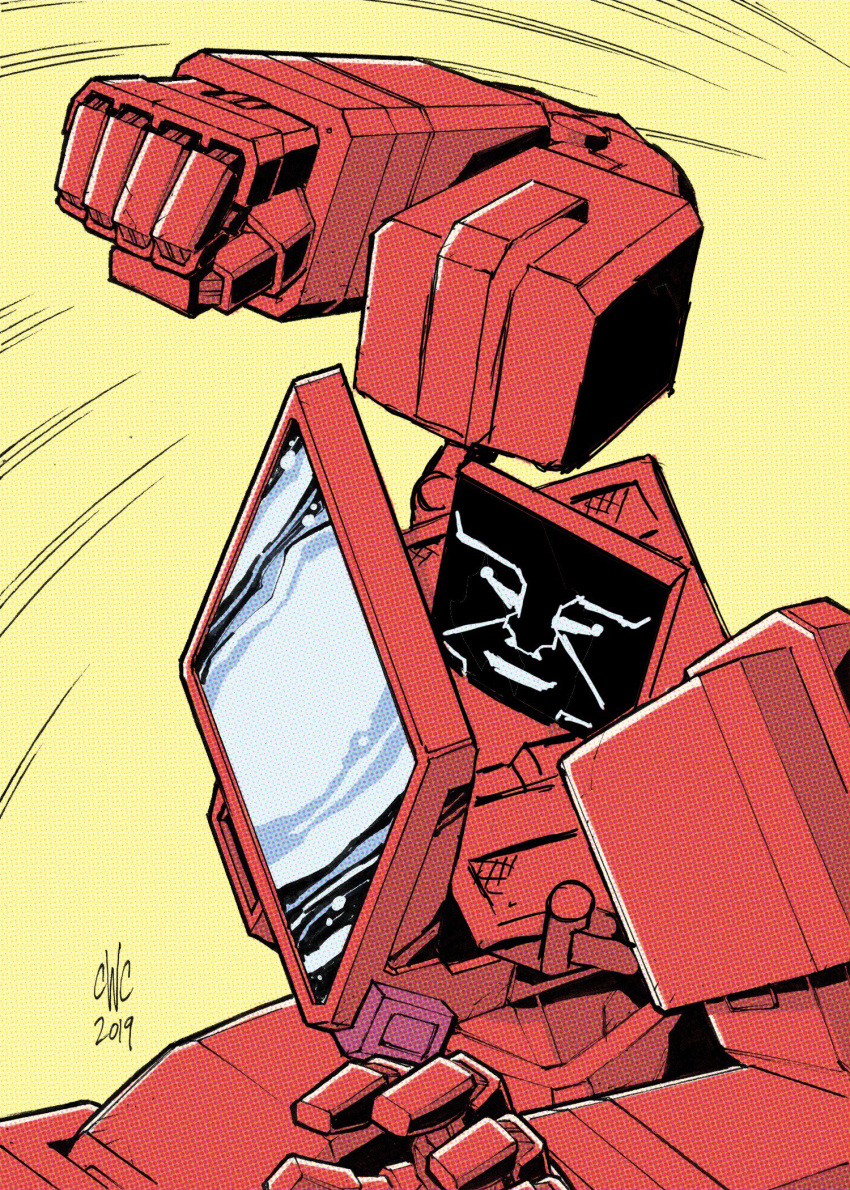 1980s_(style) 1boy 2019 autobot casey_w._coller clenched_hand dated derivative_work english_commentary highres ironhide male_focus mecha motion_lines no_humans open_hand parody punching retro_artstyle robot science_fiction signature solo style_parody transformers transformers:_generation_1 yellow_background