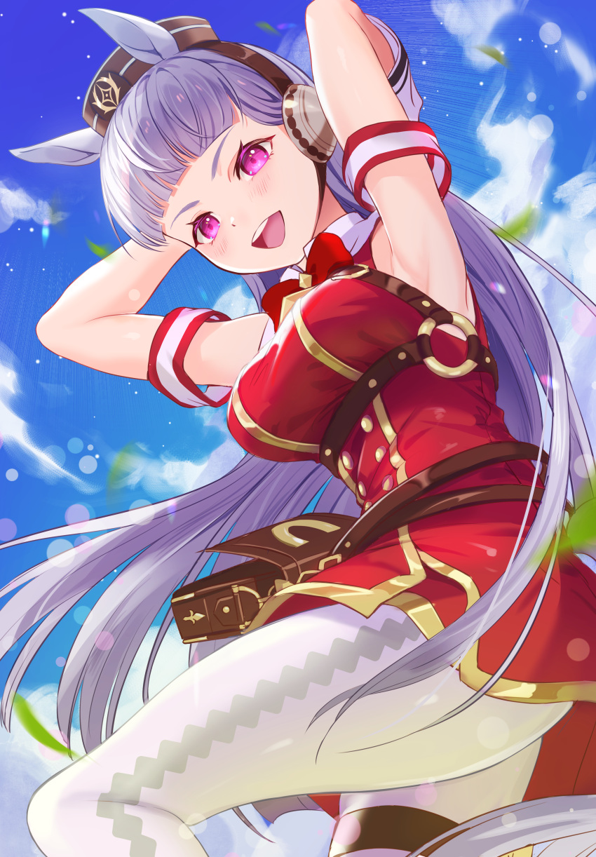 absurdres akaike animal_ears armpits arms_up blue_sky blunt_bangs blurry blush bokeh cloud depth_of_field dress female from_below from_side gold_ship_(umamusume) grey_hair hat highres horse_ears horse_girl horse_tail leaf leather_bag pantyhose pink_eyes pouch red_dress sky sleeveless sleeveless_dress smile solo tail thigh_strap umamusume