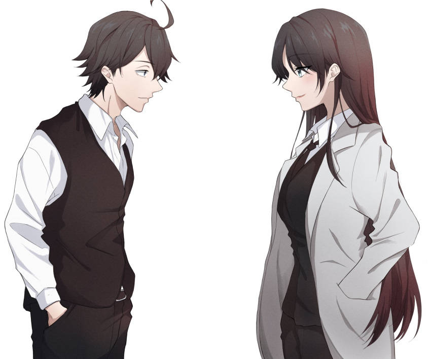 1boy aged_up ahoge belt black_background black_vest blue_eyes check_commentary coat collared_shirt commentary commentary_request female hands_in_pockets highres hikigaya_hachiman hiratsuka_shizuka jacket lab_coat light_(lightpicture33) long_hair looking_at_another open_clothes open_coat shirt short_hair smile teacher teacher_and_student time_paradox vest white_background white_shirt yahari_ore_no_seishun_lovecome_wa_machigatteiru.