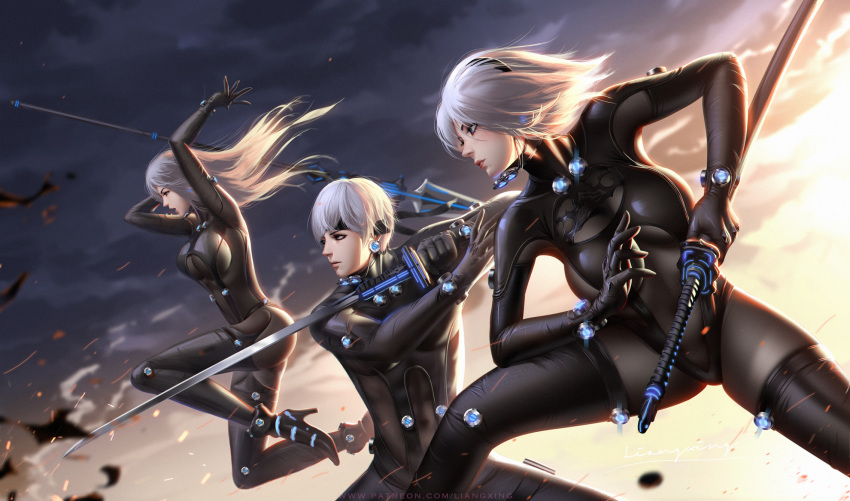 blue_eyes bodysuit breasts gloves gray_hair katana liang_xing long_hair nier:_automata short_hair sword thighhighs weapon yorha_unit_no._2_type_a yorha_unit_no._2_type_b yorha_unit_no._9_type_s