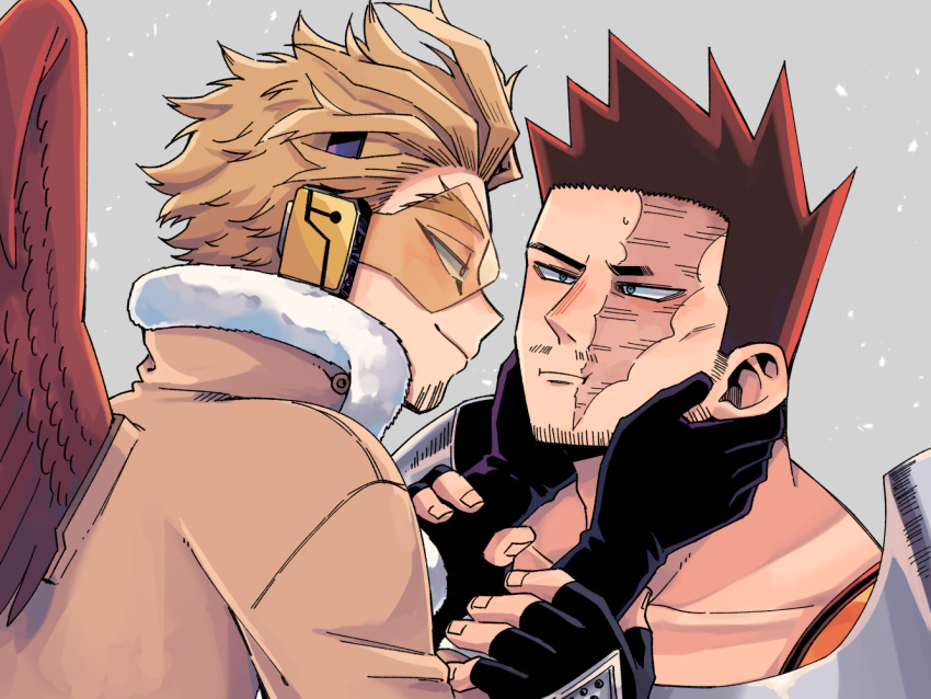 2boys :i adam's_apple armor black_gloves blonde_hair blue_eyes boku_no_hero_academia brown_jacket closed_mouth collarbone commentary endeavor_(boku_no_hero_academia) eye_contact facial_hair facial_mark feathered_wings fingerless_gloves fingernails fur-trimmed_gloves fur-trimmed_jacket fur_trim gloves goggles half-closed_eyes hands_on_another's_cheeks hands_on_another's_face hawks_(boku_no_hero_academia) headphones high_collar holding_another's_wrist jacket light_smile looking_at_another male_focus miso_(mimimiso) multiple_boys muscular_uke pauldrons red_hair red_wings scar scar_across_eye scar_on_face short_hair shoulder_armor sideburns spiked_hair stubble sweatdrop tinted_eyewear wings yaoi yellow-tinted_eyewear yellow_eyes