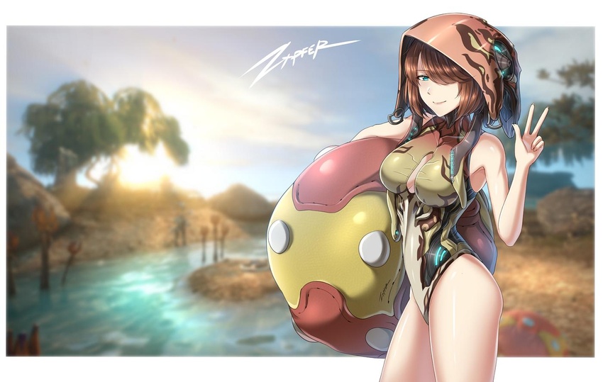 ball beach beachball blue_eyes body_armor bodysuit brown_hair cleavage_cutout clothing_cutout commentary female hair_over_one_eye headgear ivara_(warframe) looking_at_viewer multicolored_bodysuit multicolored_clothes outdoors personification shore short_hair smile solo swimsuit v warframe water zxpfer