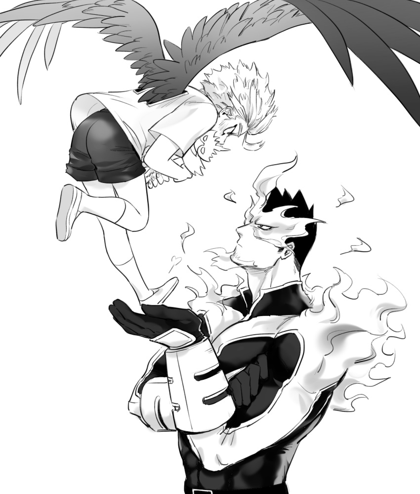 2boys absurdres aged_down bodysuit boku_no_hero_academia character_doll covered_abs endeavor_(boku_no_hero_academia) facial_hair feathered_wings fire flying full_body greyscale hawks_(boku_no_hero_academia) helen_roro highres lolicon male_focus mature_male monochrome multiple_boys muscular muscular_male pectorals short_hair sideburns spiked_hair stubble upper_body vambraces wings