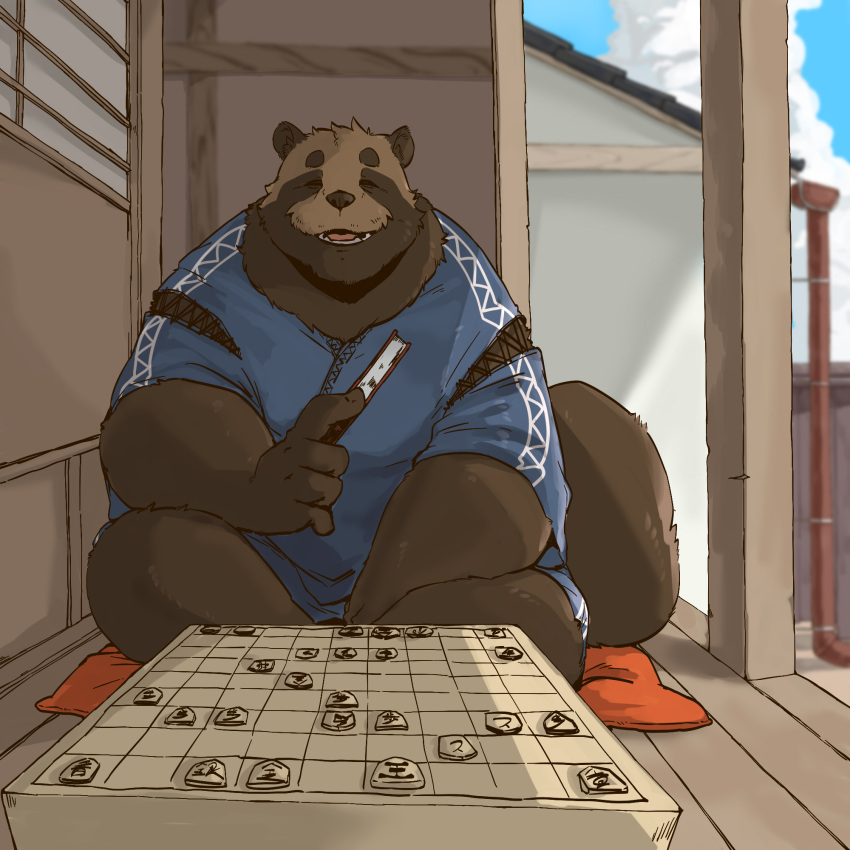 1:1 2021 anthro belly big_belly board_game canid canine closed_eyes detailed_background donguri hand_fan hi_res humanoid_hands kemono male mammal outside overweight overweight_anthro overweight_male raccoon_dog shogi sitting solo tanuki