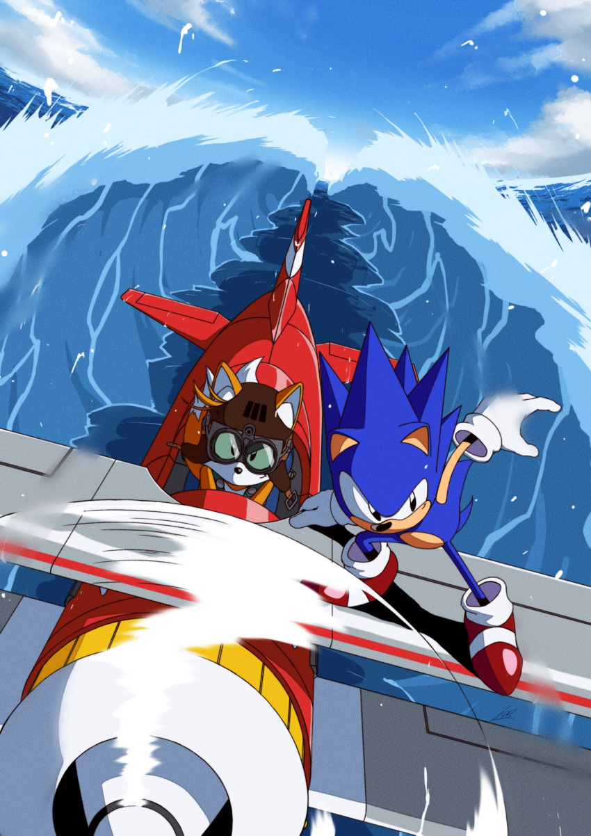 2boys aircraft airplane banel_springer blue_hair cloud ears_through_headwear flying gloves goggles highres male_focus multiple_boys ocean pilot_helmet propeller red_footwear shoes sky smile sonic_(series) sonic_the_hedgehog sonic_the_hedgehog_(classic) sonic_the_hedgehog_3 spiked_hair tail tails_(sonic) water waves white_gloves