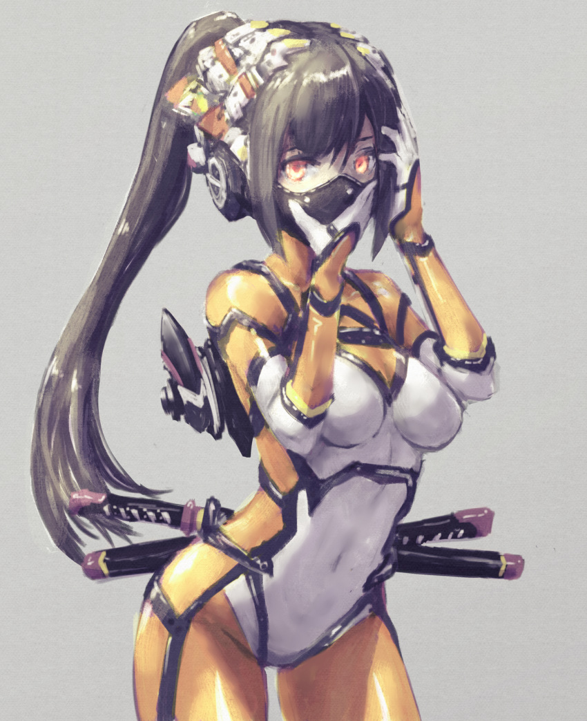 black_hair bodysuit commentary covered_navel female grey_background hand_on_mask headgear highres long_hair looking_at_viewer mask mecha_musume mouth_mask ninja ninja_mask ninjatou orange_eyes original ponytail science_fiction short_sword skin_tight solo sword weapon yumikoyama49