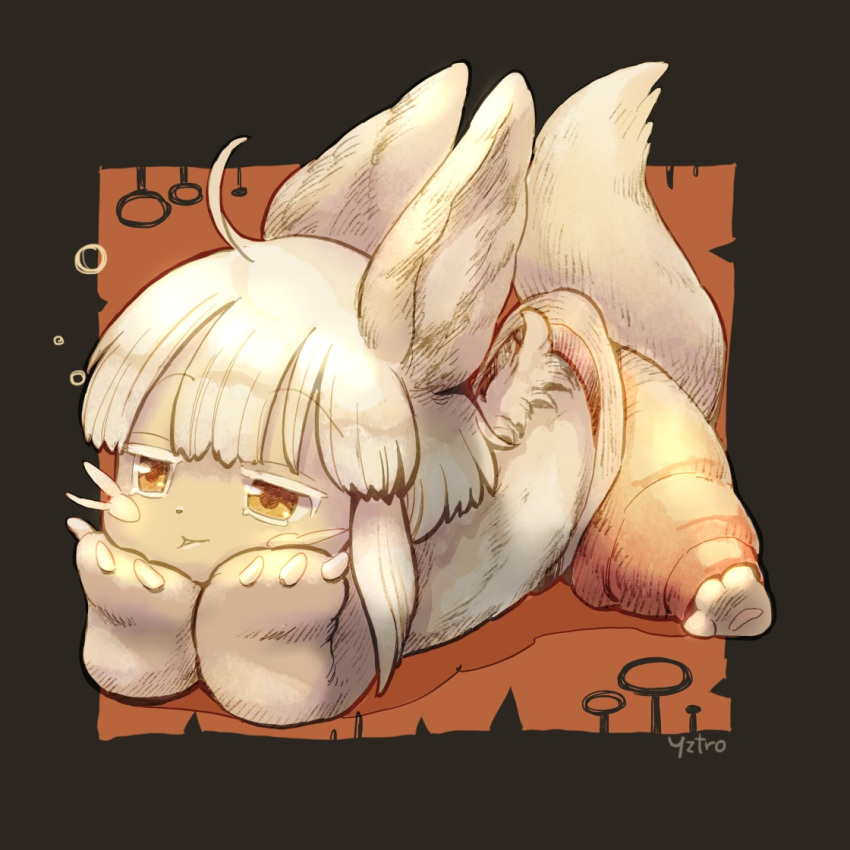 1other animal_ears animal_feet animal_hands artist_name barefoot body_fur brown_background brown_fur claws closed_mouth furry hands_on_own_cheeks hands_on_own_face lying made_in_abyss nanachi_(made_in_abyss) no_shirt on_stomach orange_background pants pout rabbit_ears short_hair sidelocks tail toro_astro two-tone_background whiskers white_hair yellow_eyes