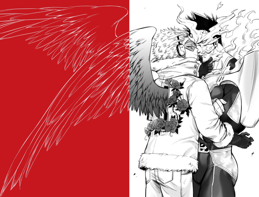 2boys absurdres bodysuit boku_no_hero_academia bulge couple endeavor_(boku_no_hero_academia) facial_hair feathered_wings hawks_(boku_no_hero_academia) helen_roro highres imminent_kiss male_focus mature_male multiple_boys multiple_monochrome muscular muscular_male pectorals red_theme scar scar_across_eye scar_on_face short_hair sideburns smile spiked_hair stubble thighs wings yaoi