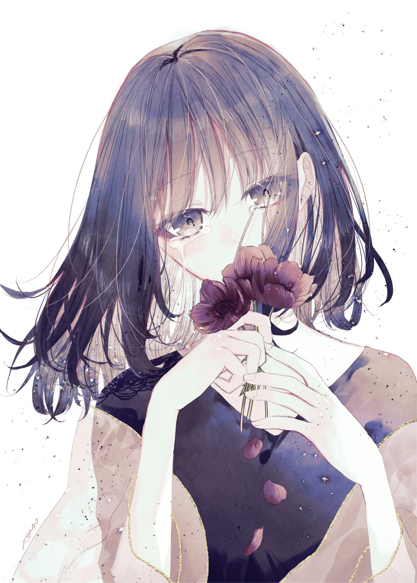 absurdres black_eyes black_hair black_shirt covering_own_mouth crying crying_with_eyes_open eyes_visible_through_hair falling_petals female flower hair_between_eyes hands_up highres holding holding_flower looking_at_viewer medium_hair original petals seikai_meguru shawl shirt simple_background solo tears upper_body v-neck