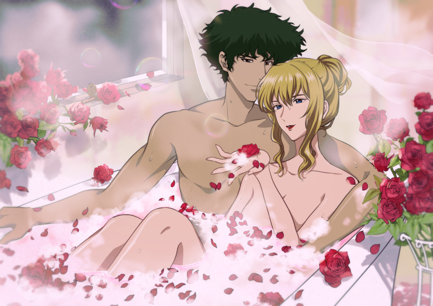 1boy absurdres bathing bathtub blonde_hair commission couple cowboy_bebop female flower highres julia_(cowboy_bebop) lipstick makeup mixed-sex_bathing naozi nude petals rose rose_petals second-party_source shared_bathing spike_spiegel straight