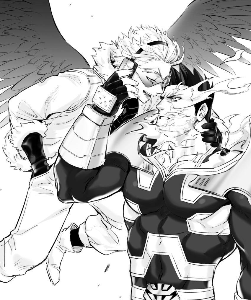 2boys absurdres armor bodysuit boku_no_hero_academia couple covered_abs covered_navel endeavor_(boku_no_hero_academia) eye_contact facial_hair feathered_wings fingerless_gloves flying gloves greyscale hawks_(boku_no_hero_academia) helen_roro highres large_pectorals looking_at_another male_focus mature_male monochrome multiple_boys muscular muscular_male muscular_uke pauldrons pectorals scar scar_across_eye scar_on_face short_hair shoulder_armor sideburns smile spiked_hair stubble upper_body vambraces wings yaoi