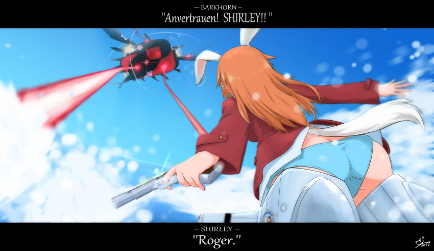 absurdres animal_ears ass blazer breasts butt_crack charlotte_e._yeager female flying from_behind gun handgun highres jacket kukoroko large_breasts long_hair m1911 neuroi orange_hair panties rabbit_ears rabbit_girl rabbit_tail red_jacket shiny_skin skindentation sky strike_witches striker_unit tail underwear weapon white_panties world_witches_series