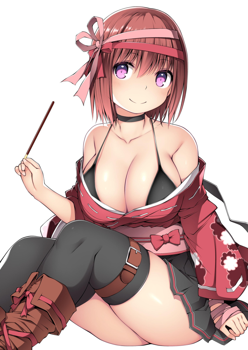 absurdres bare_shoulders bikini black_bikini black_choker black_footwear black_thighhighs bob_cut boots breasts chocolate_cosmos_(flower_knight_girl) choker cleavage female floral_print flower_knight_girl food hair_between_eyes hair_ribbon highres holding holding_food holding_pocky japanese_clothes kimono kuromayu large_breasts looking_at_viewer obi off_shoulder pink_ribbon pocky purple_eyes red_hair red_kimono red_ribbon ribbon sash short_hair simple_background sitting smile solo swimsuit thighhighs white_background