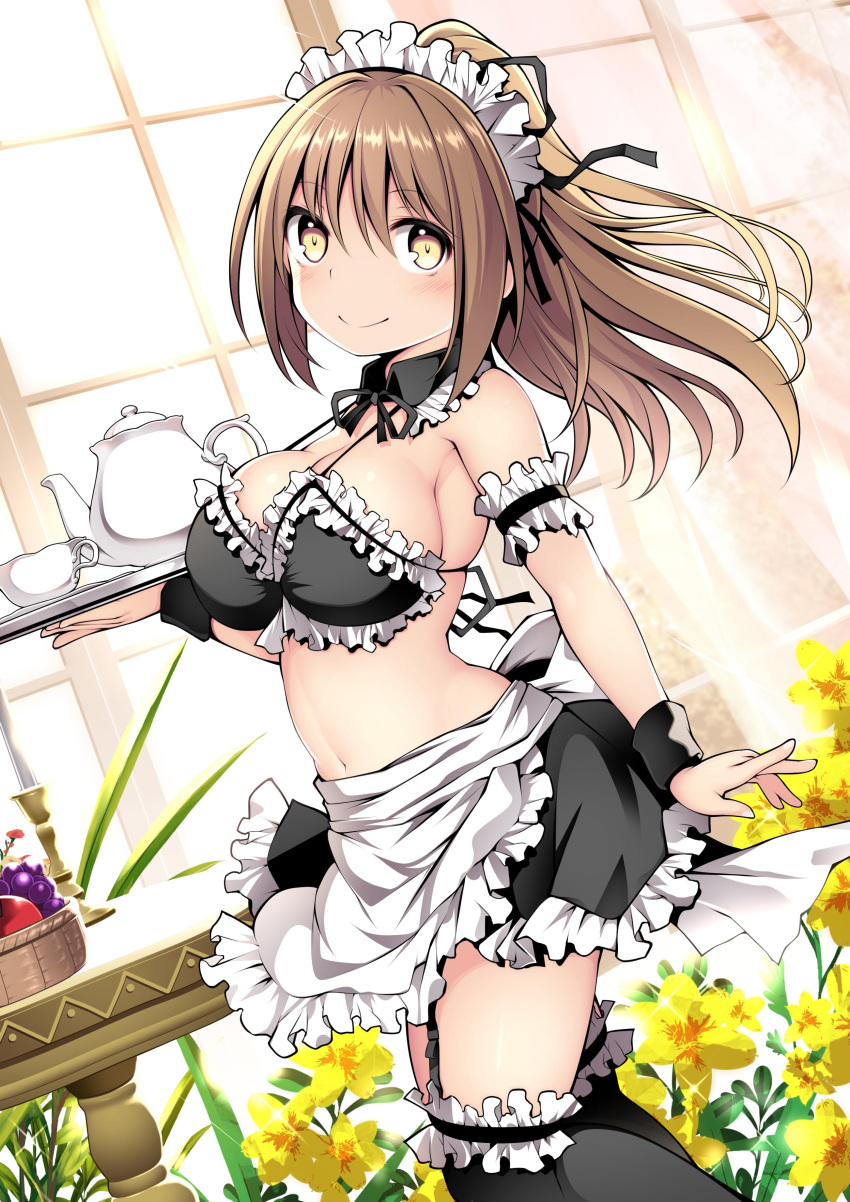 absurdres apron bikini black_ribbon black_thighhighs blush breasts brown_hair cleavage cup female flower flower_knight_girl food frilled_apron frills fruit garter_straps hair_between_eyes hair_ribbon highres holding holding_tray indoors kuromayu large_breasts long_hair looking_at_viewer maid maid_bikini maid_headdress name_connection object_namesake oncidium oncidium_(flower_knight_girl) over-kneehighs plant ponytail ribbon smile solo swimsuit teacup teapot thighhighs tray unconventional_maid waist_apron white_apron window yellow_flower