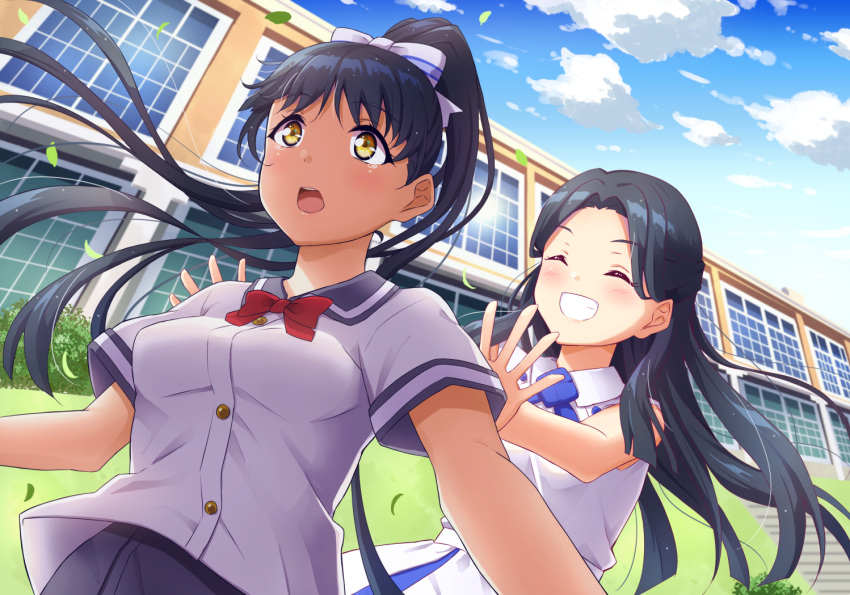 2girls black_hair breasts building closed_eyes cloud cloudy_sky commentary_request dress falling_leaves grin hair_ribbon half_updo hazuki_hana hazuki_ren leaf long_hair love_live! love_live!_superstar!! medium_breasts mother_and_daughter multiple_girls outdoors pushing qy73 ribbon school school_uniform short_sleeves sky sleeveless sleeveless_dress smile yellow_eyes yuigaoka_music_program_school_uniform