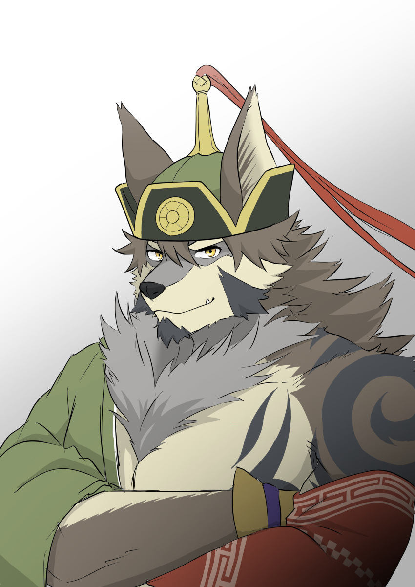 1boy absurdres animal_ears bad_id bad_pixiv_id bara brown_hair crossed_arms facial_hair furry furry_male goatee green_kimono hadanugi_dousa hair_between_eyes highres ioenami japanese_clothes kimono large_pectorals long_hair looking_at_viewer male_focus mature_male muscular muscular_male oerba_yun_fang open_clothes open_kimono pectorals sideburns single_bare_shoulder solo temujin_(housamo) tokyo_afterschool_summoners tusks wolf_boy wolf_ears