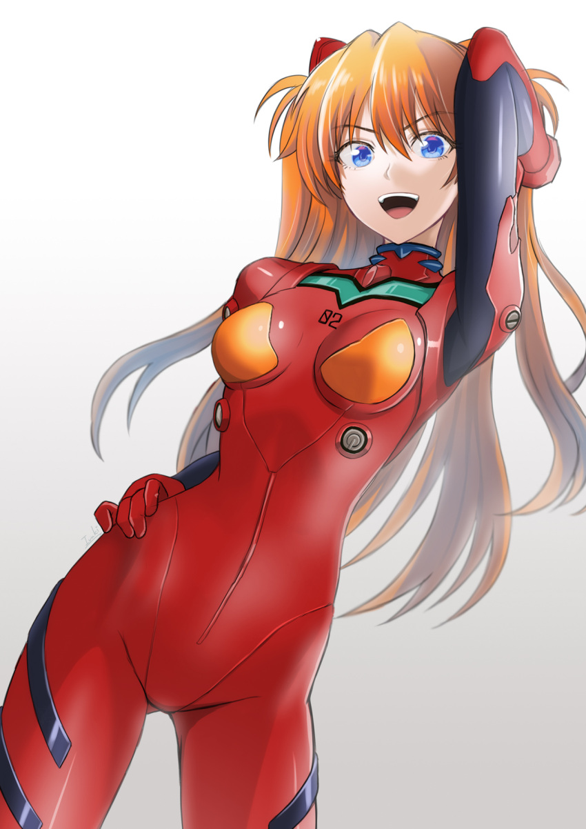 :d arm_up blue_eyes bodysuit breasts breasts_apart commentary contrapposto cowboy_shot female floating_hair gradient_background grey_background hair_between_eyes hand_in_own_hair hand_on_own_hip headgear highres ivuki long_hair looking_at_viewer medium_breasts neon_genesis_evangelion open_mouth orange_hair plugsuit rebuild_of_evangelion red_bodysuit smile solo souryuu_asuka_langley standing twintails very_long_hair