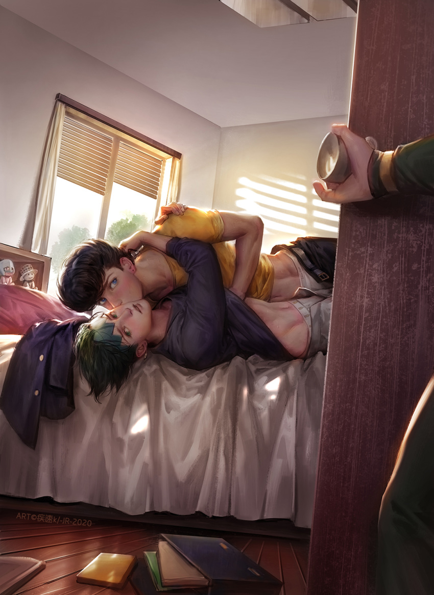 3boys belt blue_eyes book caught couple crazy_diamond diamond_wa_kudakenai doll doorway earrings green_hair hairband hand_under_clothes headband heaven's_door higashikata_josuke highres hirose_koichi indoors jewelry jojo_no_kimyou_na_bouken kdash kishibe_rohan kissing kissing_cheek lying male_focus multiple_boys navel on_back on_bed on_lap on_person opening_door photoshop_(medium) pov_doorway purple_hair shirt smile undressing undressing_another walk-in window wooden_floor yaoi yellow_shirt