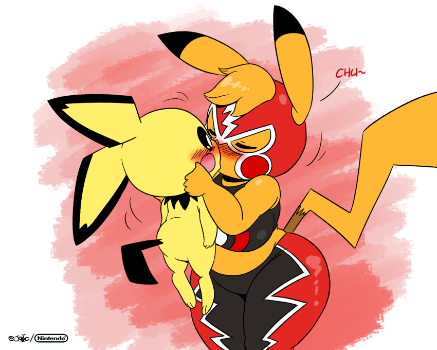 2019 5:4 age_difference ambiguous_gender anthro athletic_wear blush bra breasts chu_(sound_effect) closed_eyes clothed clothed/nude clothed_female clothing cosplay_pikachu_(character) cosplay_pikachu_(costume) costume digital_media_(artwork) dipstick_ears duo ear_markings fan_character female female/ambiguous fur generation_1_pokemon generation_2_pokemon head_tuft hi_res joaoppereiraus kanna_(joaoppereiraus) kiss_on_lips kissing larger_female leroy_(joaoppereiraus) mask midriff multicolored_ears nintendo nude older_female pichu pikachu pikachu_libre pokemon pokemon_(species) pokemon_speak shiny_pokemon shirt short_stack signature size_difference smaller_ambiguous sports_bra sports_mask sportswear surprise surprise_kiss text thick_thighs topwear tuft underwear wide_hipped_female wide_hips wrestling_mask wrestling_outfit yellow_body yellow_fur younger_ambiguous